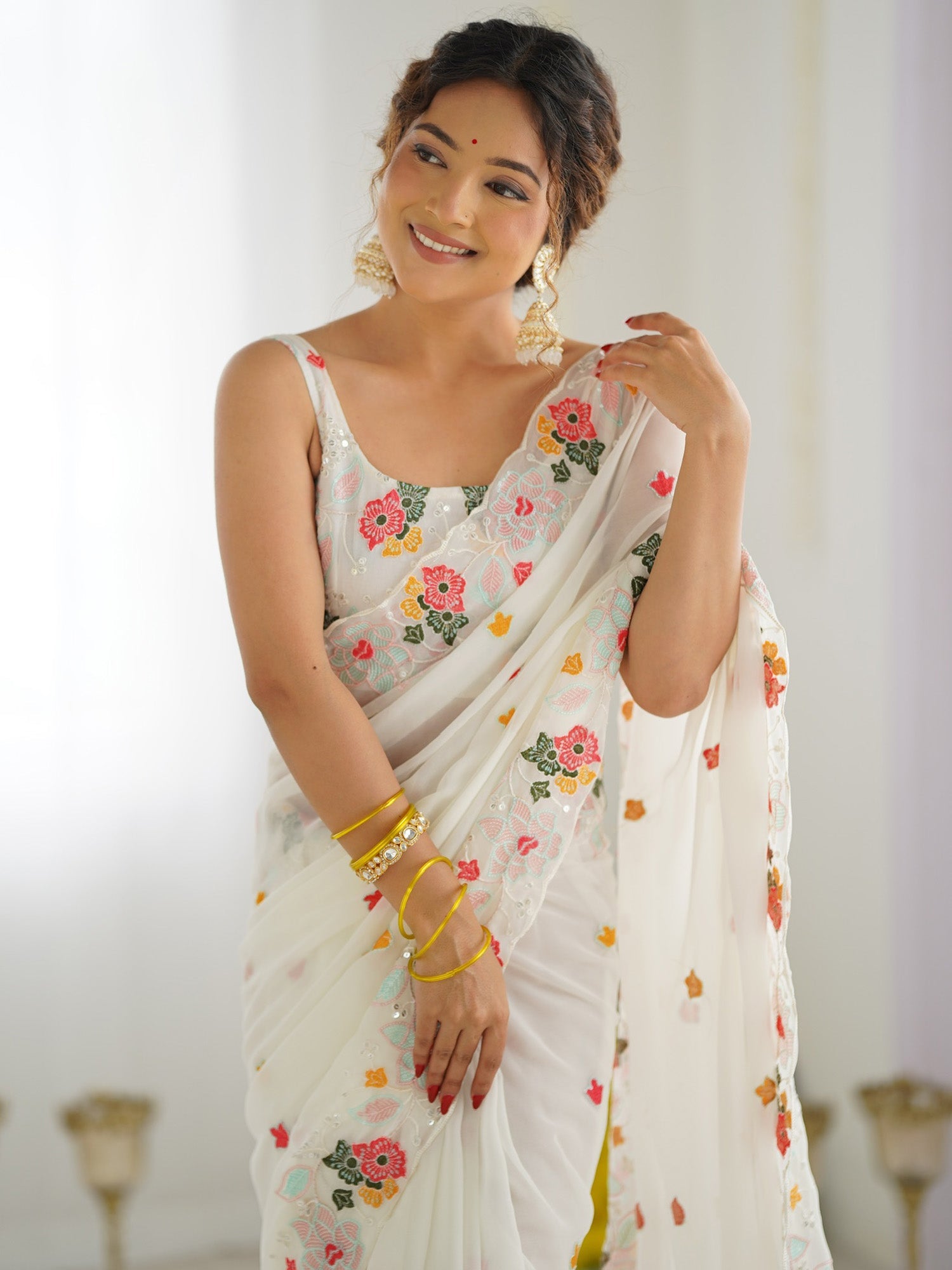 White Georgette Emblished Party Wear Saree - Ressa