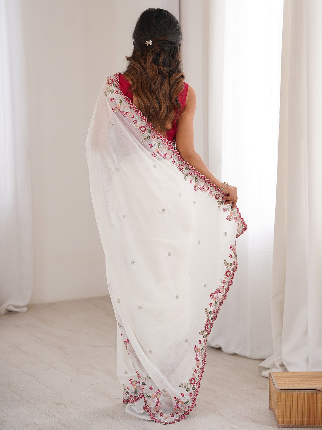 White Georgette Emblished Party Wear Saree - Ressa