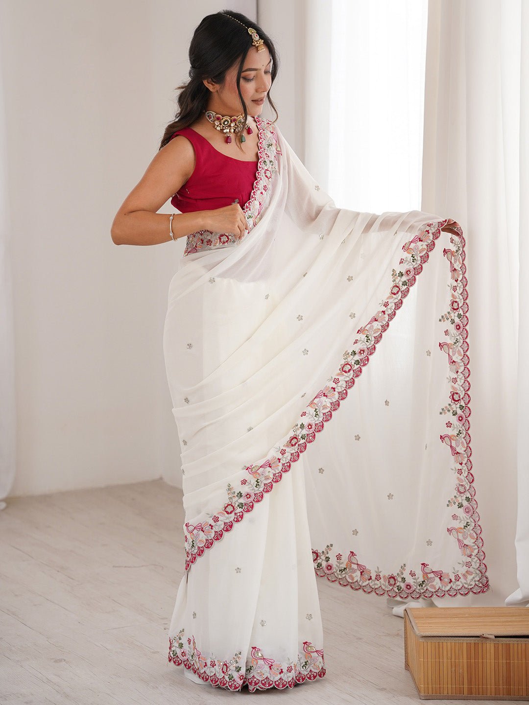 White Georgette Emblished Party Wear Saree - Ressa