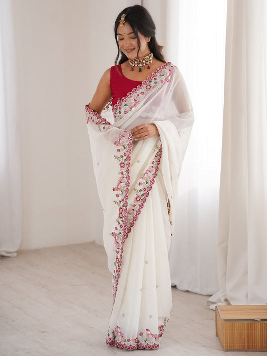 White Georgette Emblished Party Wear Saree - Ressa