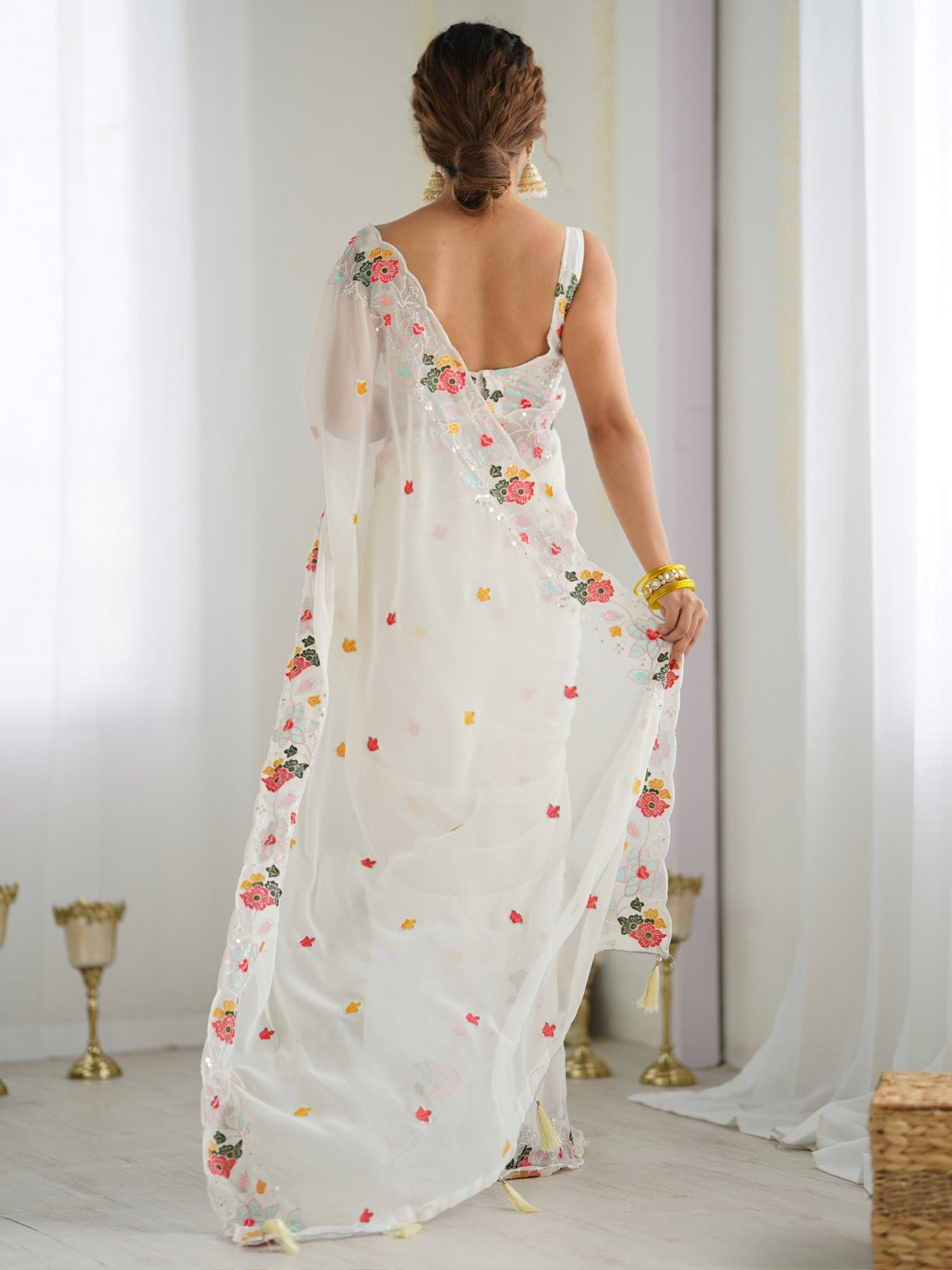 White Georgette Emblished Party Wear Saree - Ressa