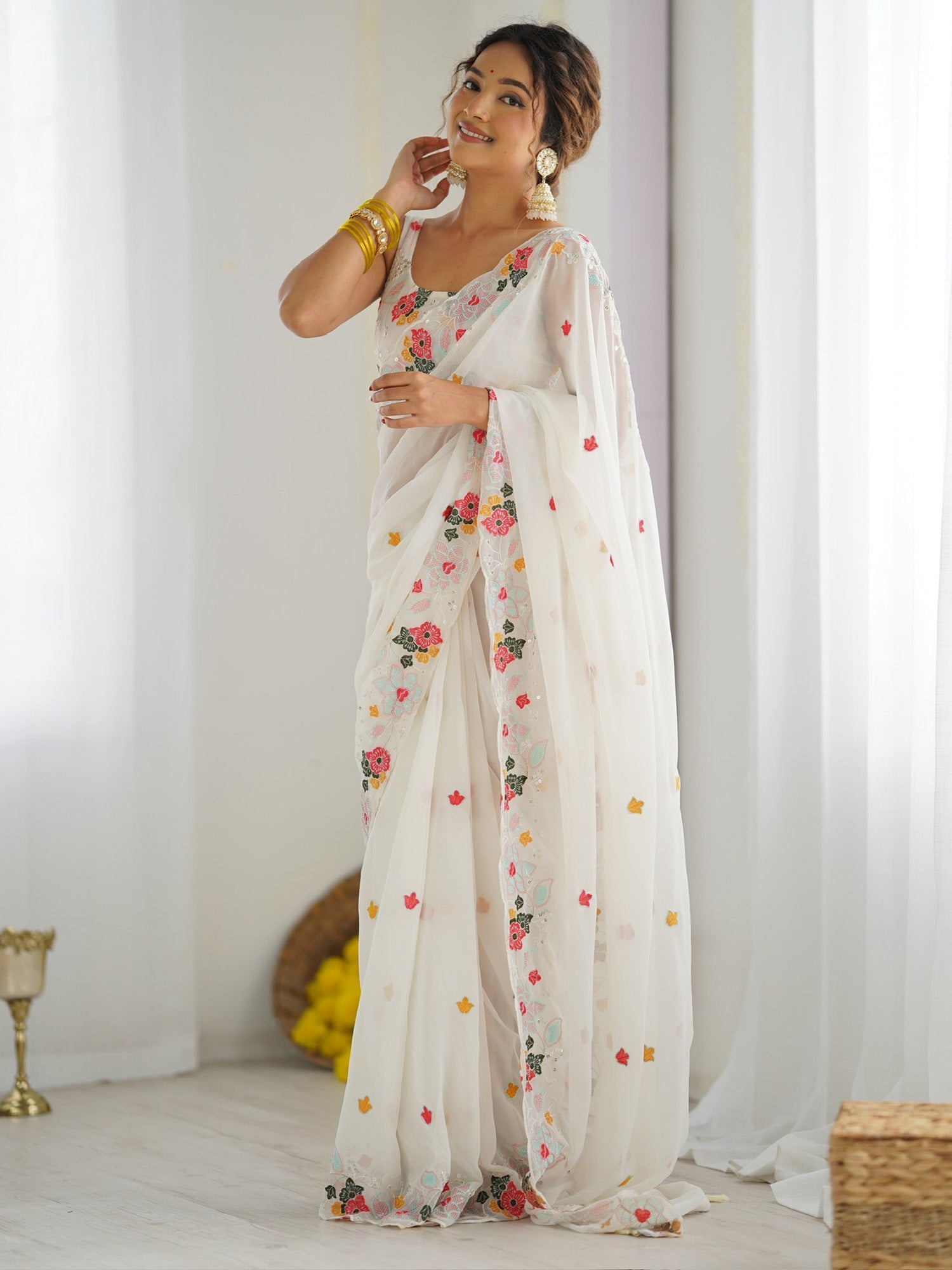 White Georgette Emblished Party Wear Saree - Ressa