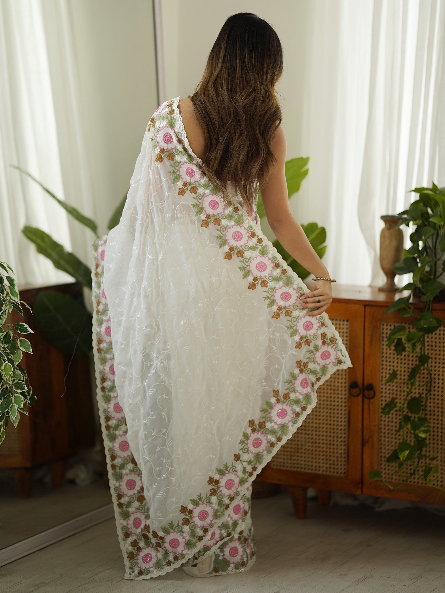 White Georgette Embroidered Saree - Ressa