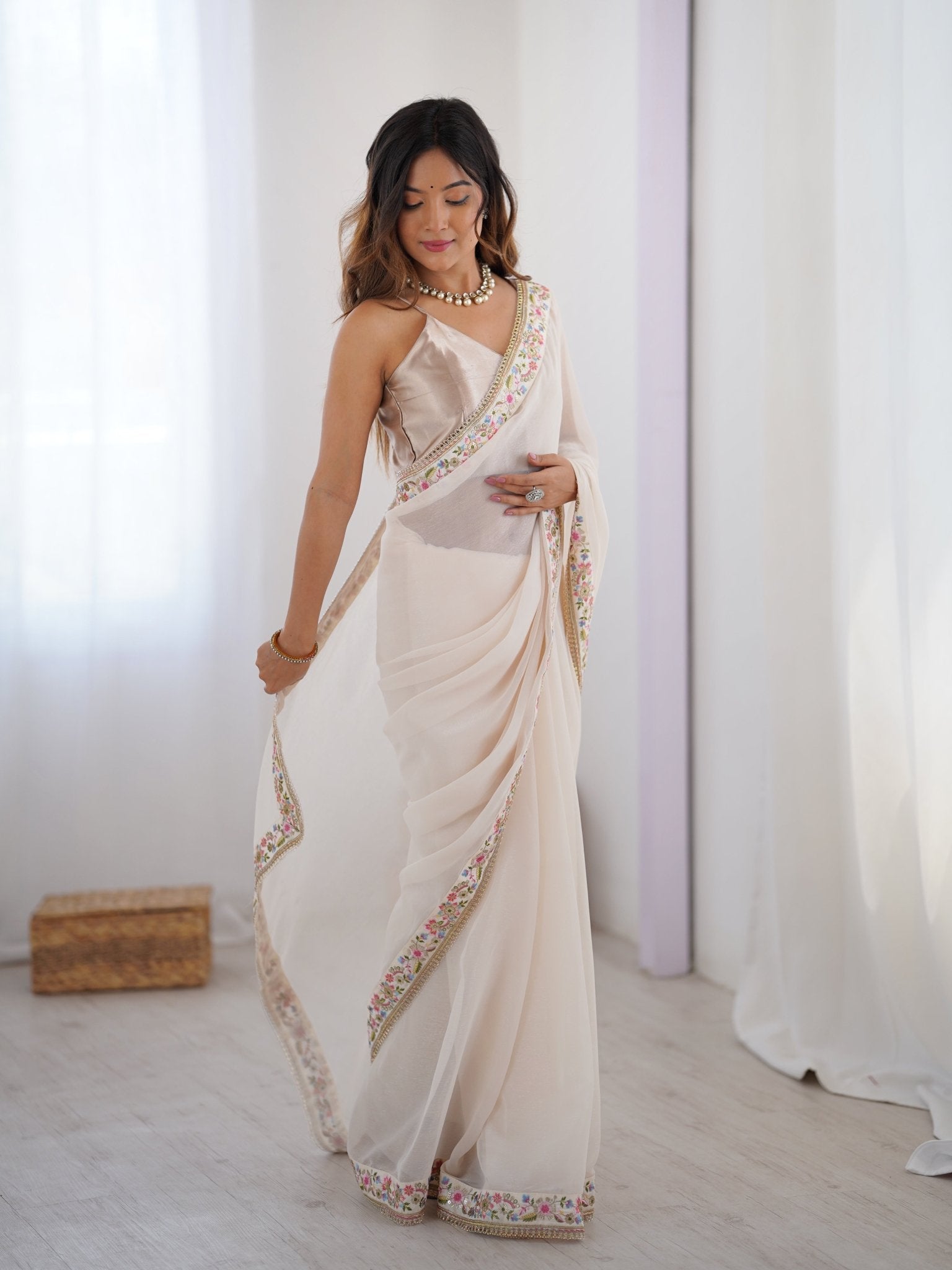 White Georgette Party Wear Saree - Ressa