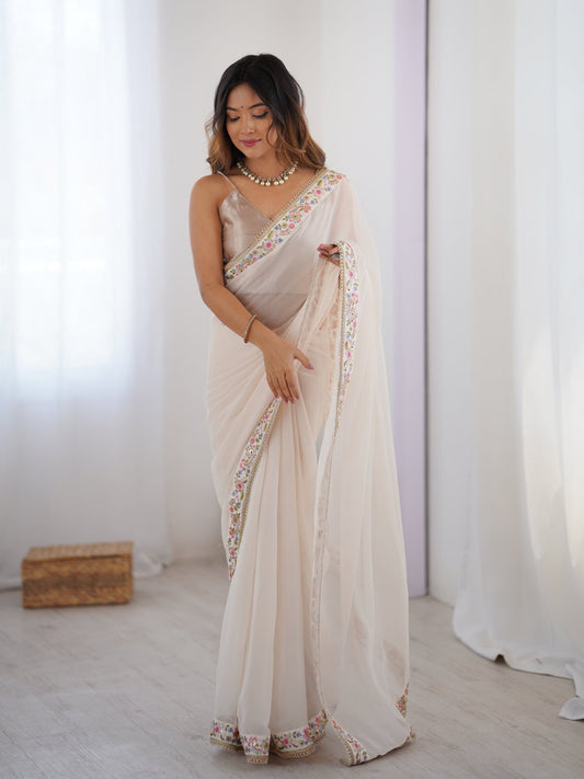 White Georgette Party Wear Saree - Ressa