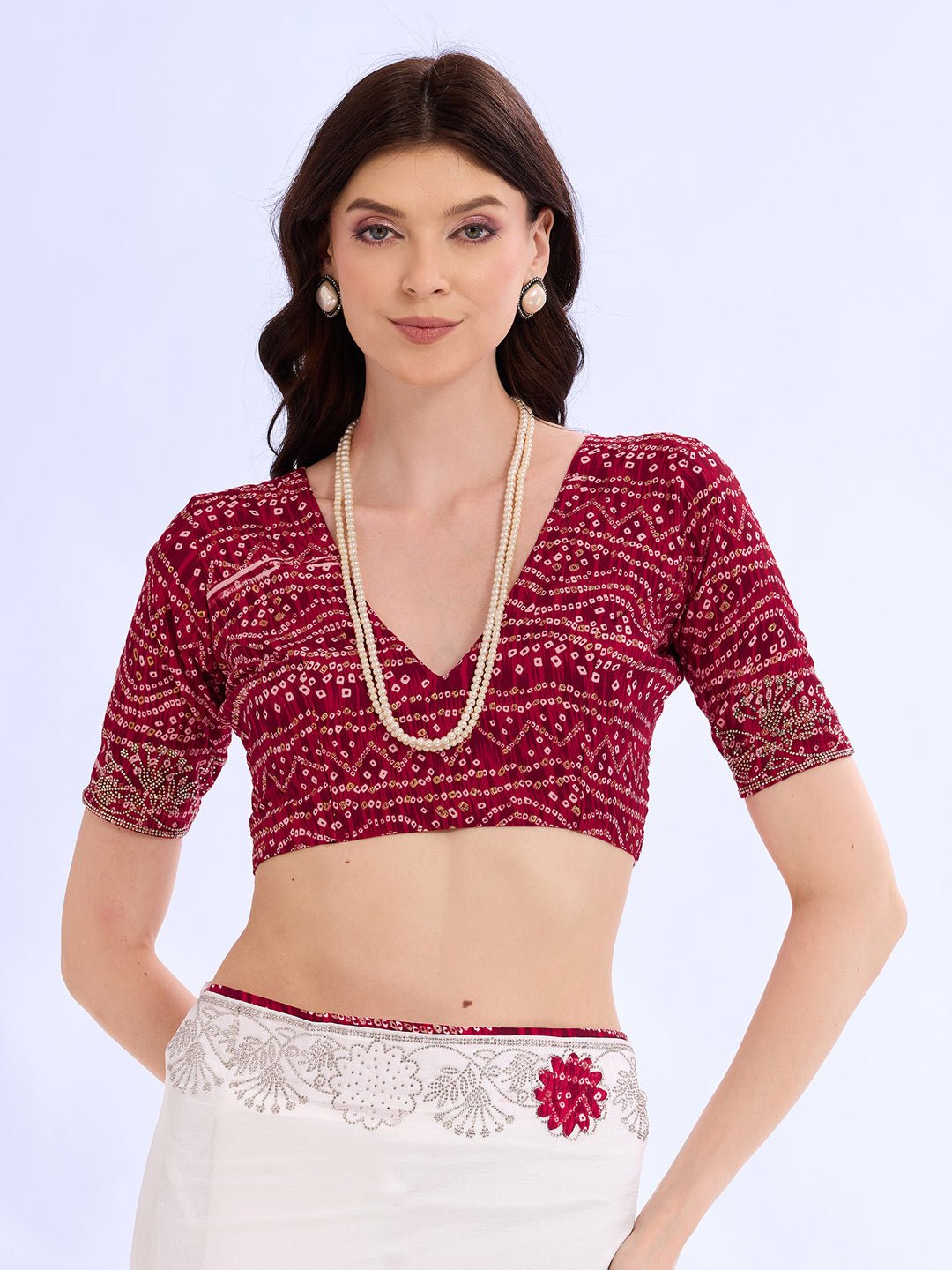 White Georgette Saree with Bandhani Blouse - Ressa