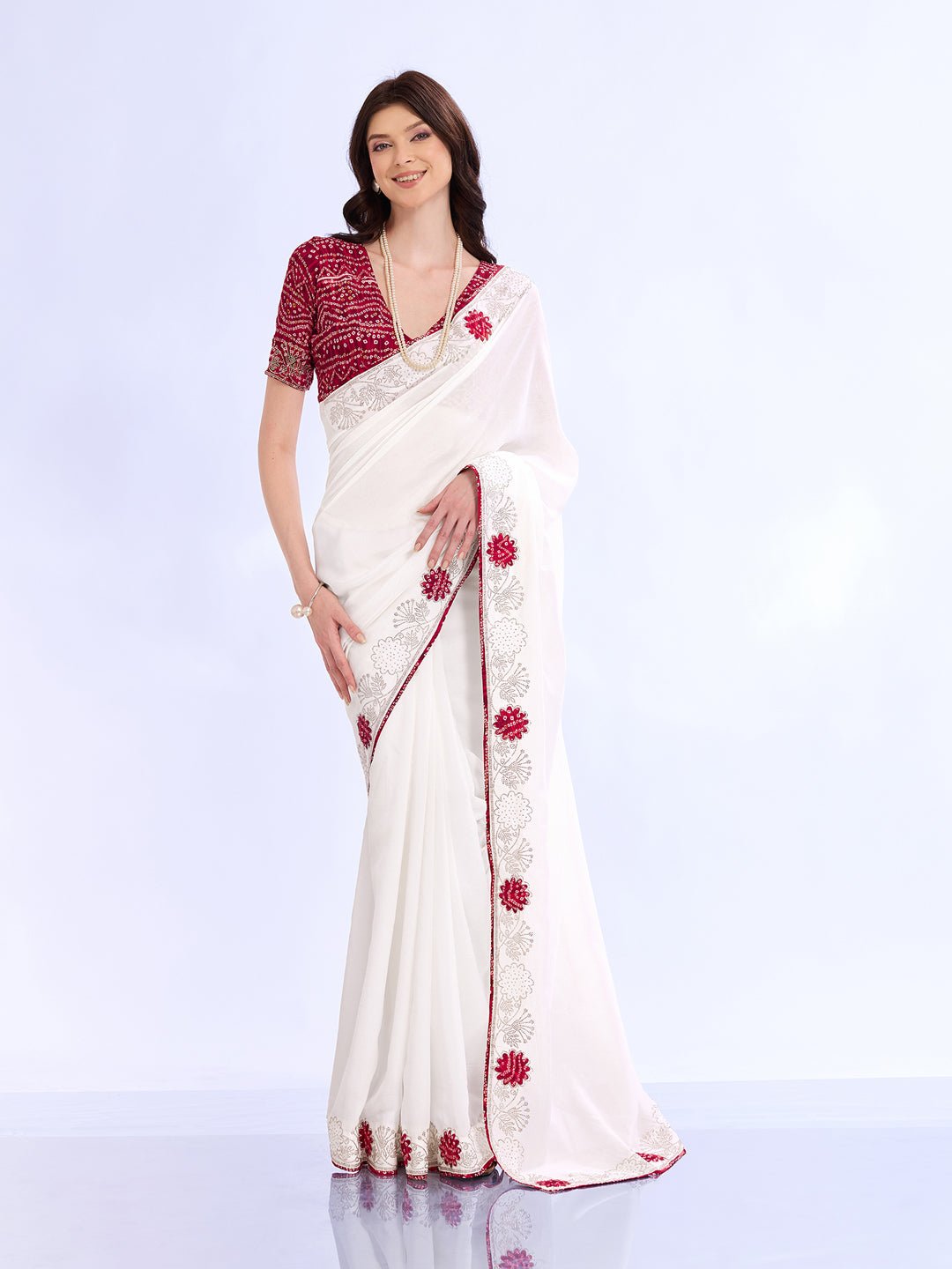 White Georgette Saree with Bandhani Blouse - Ressa