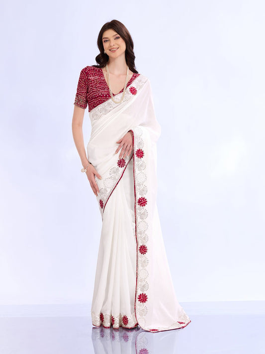 White Georgette Saree with Bandhani Blouse - Ressa