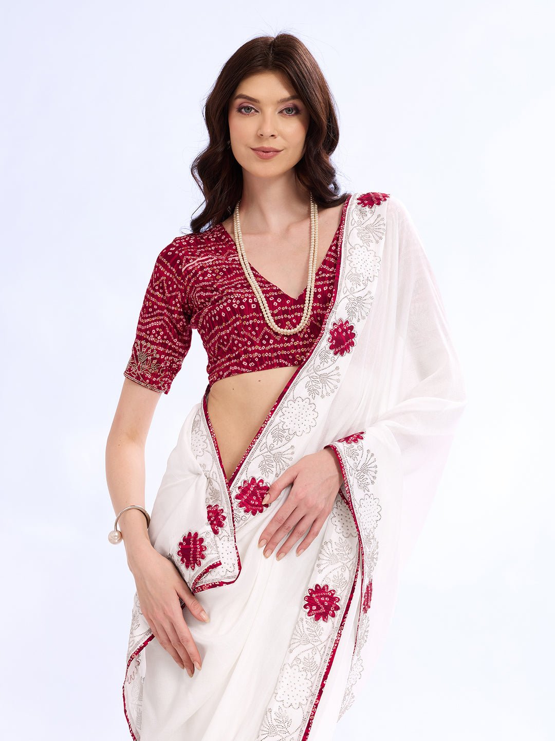 White Georgette Saree with Bandhani Blouse - Ressa