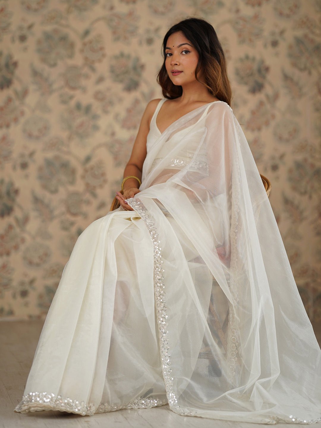 White Net Party Wear Saree - Ressa
