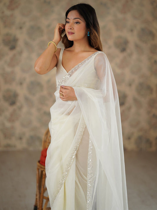 White Net Party Wear Saree - Ressa