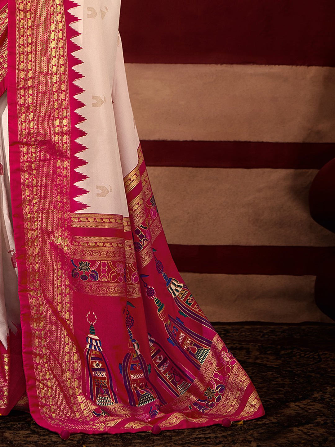 White & Pink Baluchari Silk Saree with Temple Border - Ressa