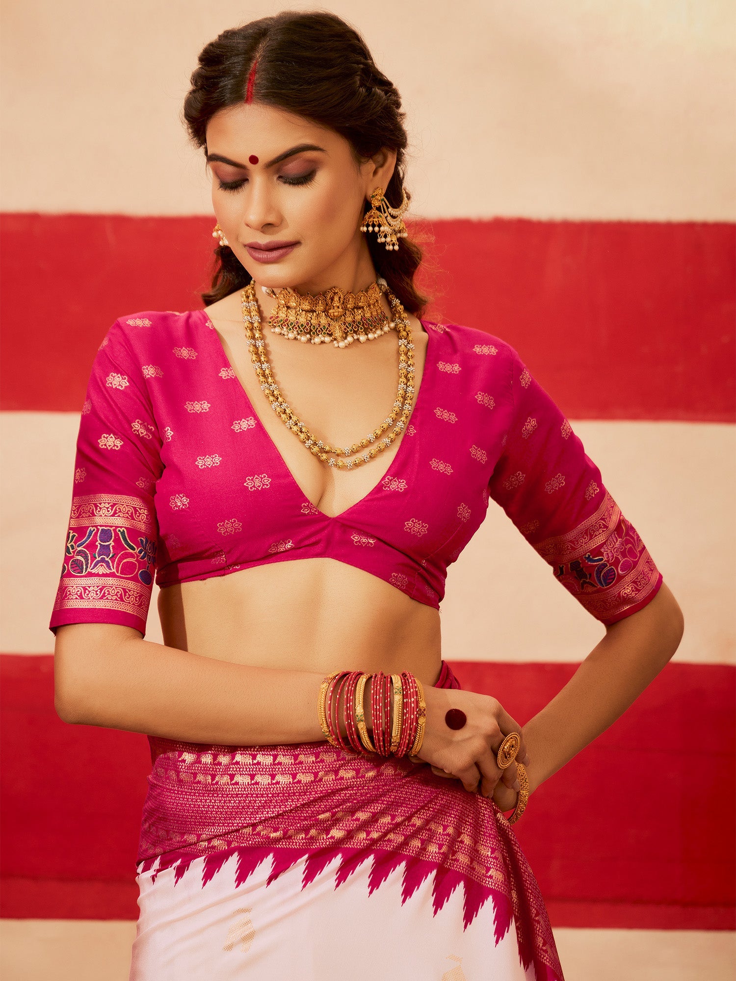 White & Pink Baluchari Silk Saree with Temple Border - Ressa