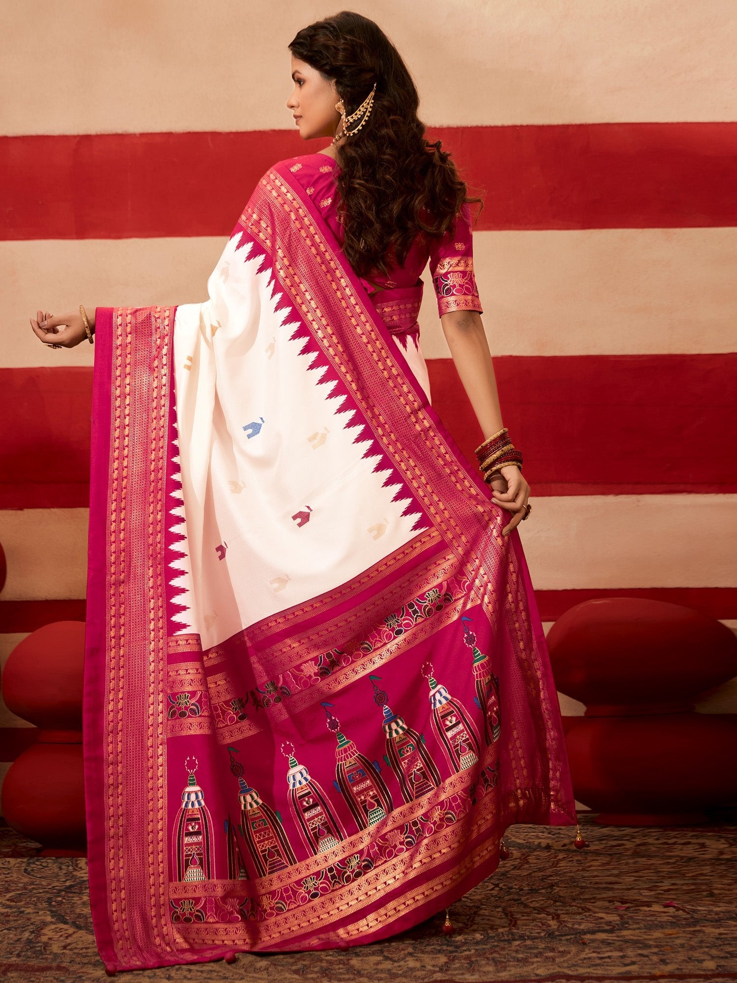 White & Pink Baluchari Silk Saree with Temple Border - Ressa