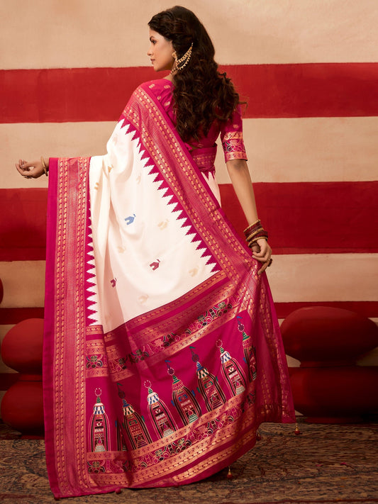 White & Pink Baluchari Silk Saree with Temple Border - Ressa