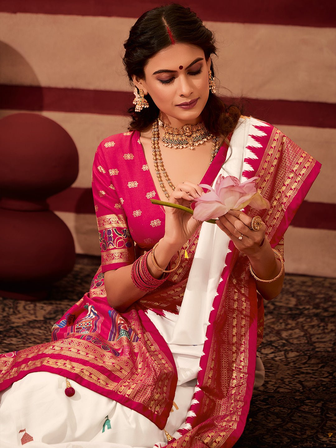 White & Pink Baluchari Silk Saree with Temple Border - Ressa