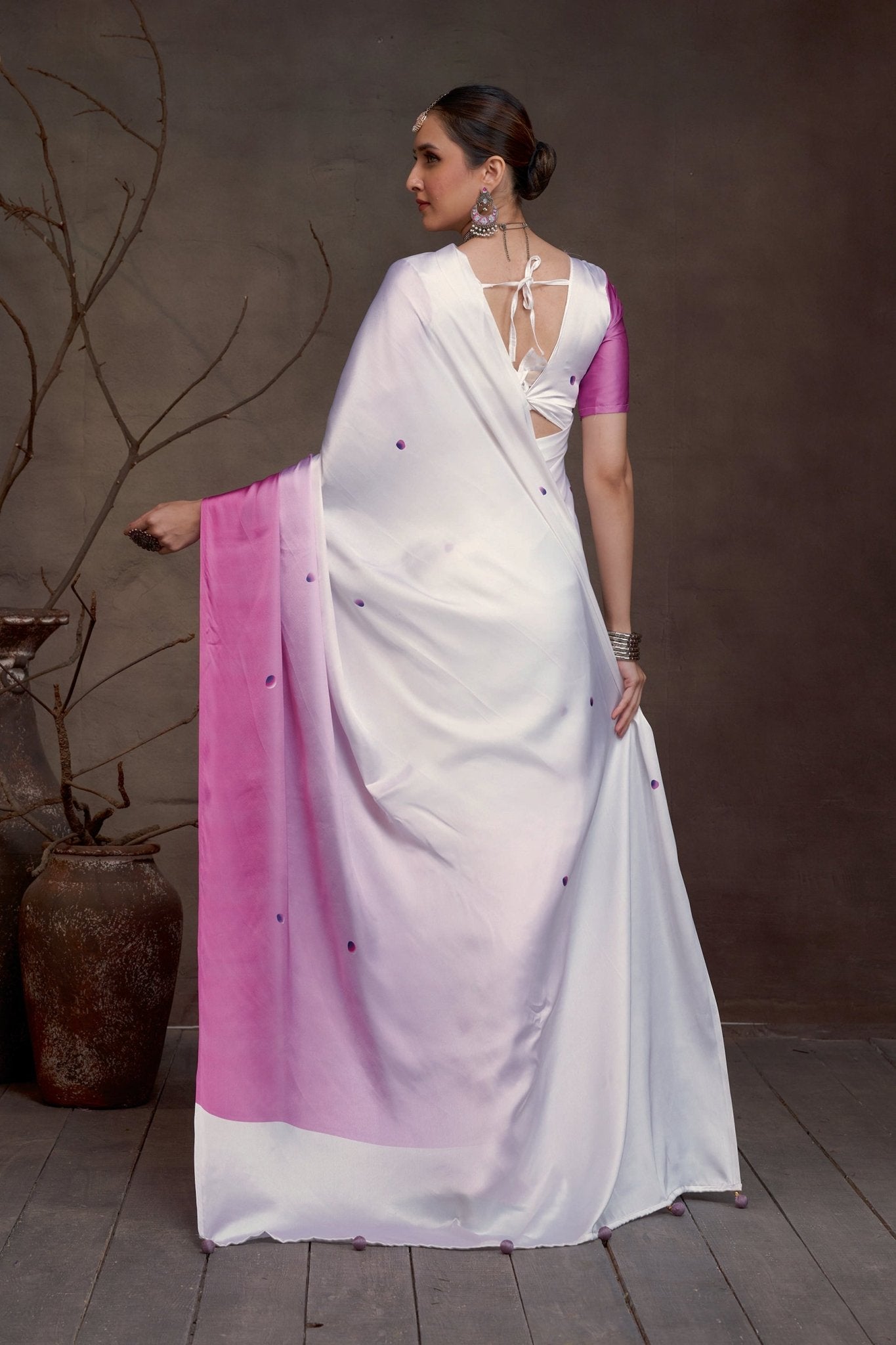 White & Pink Ombre Satin Saree - Ressa