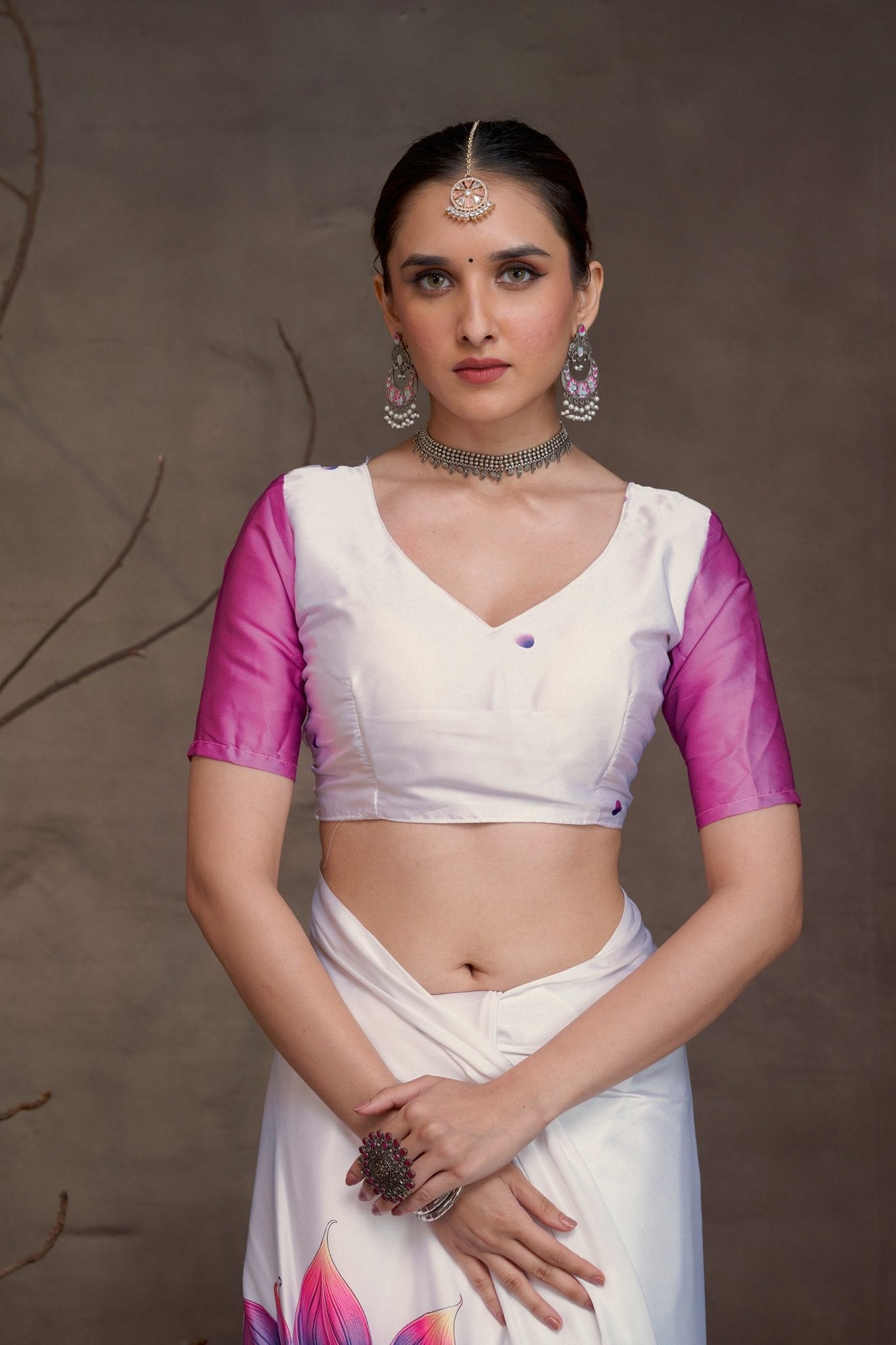 White & Pink Ombre Satin Saree - Ressa