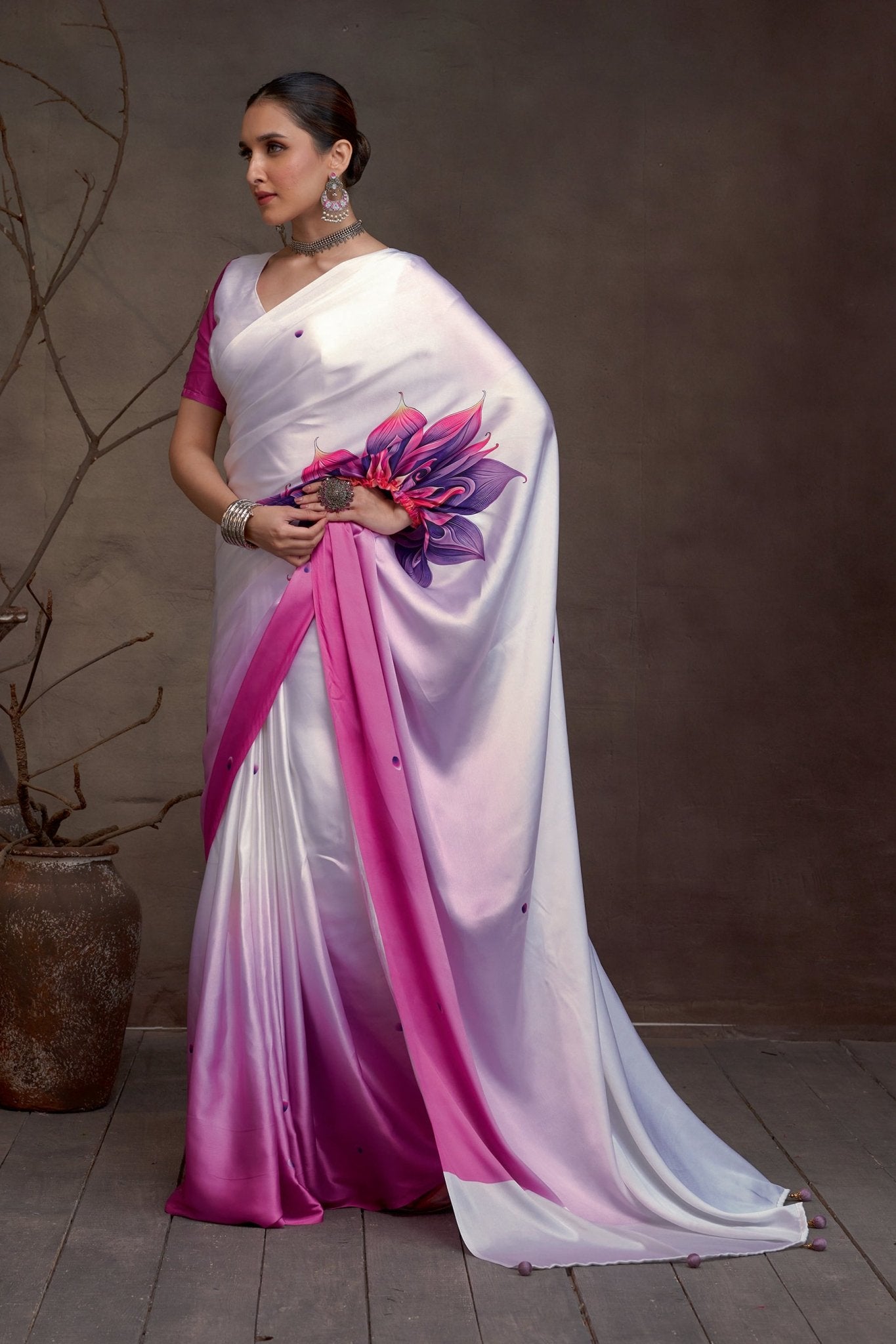 White & Pink Ombre Satin Saree - Ressa