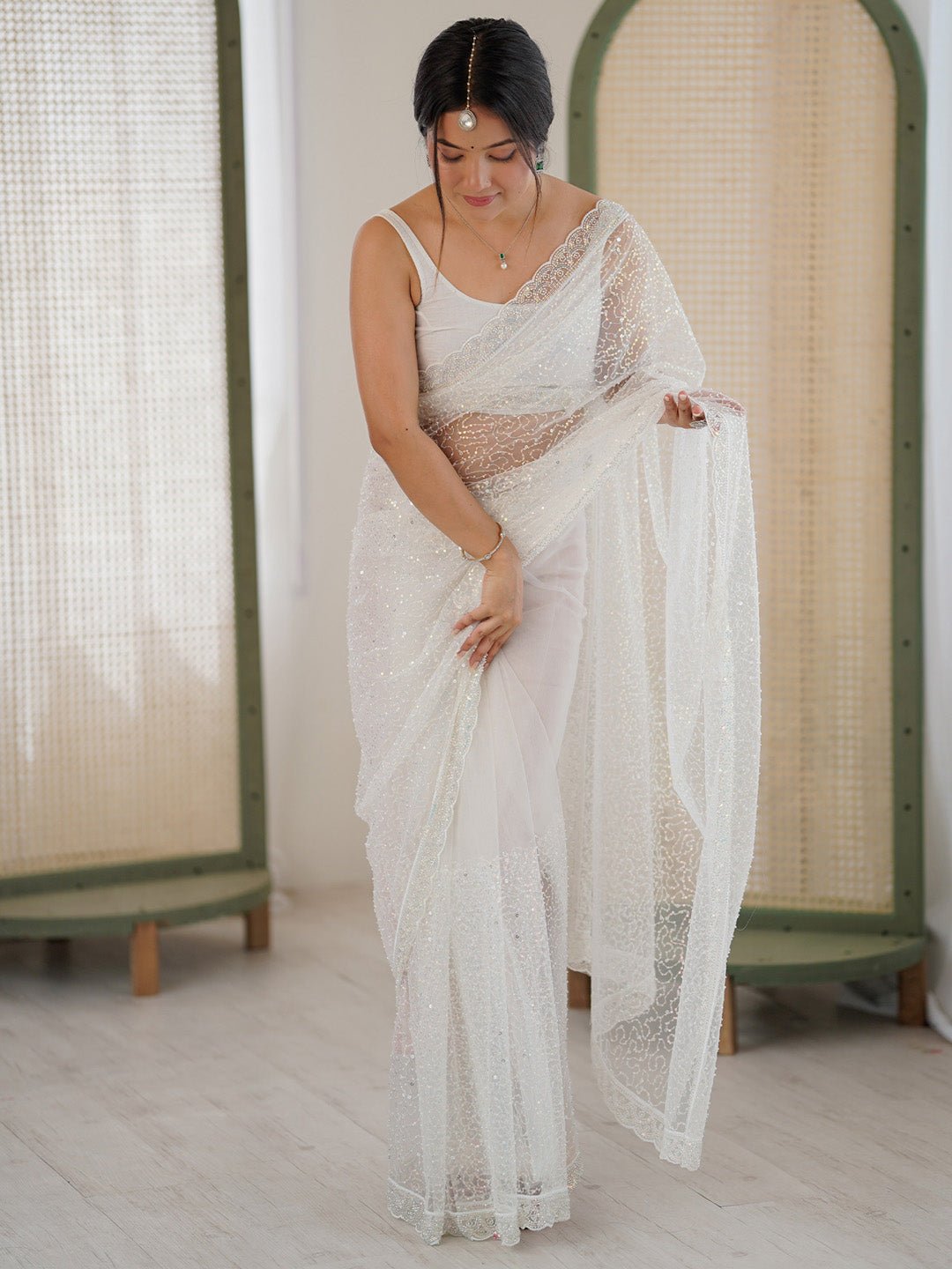 White Silk Blend All-over Sequin Saree - Ressa