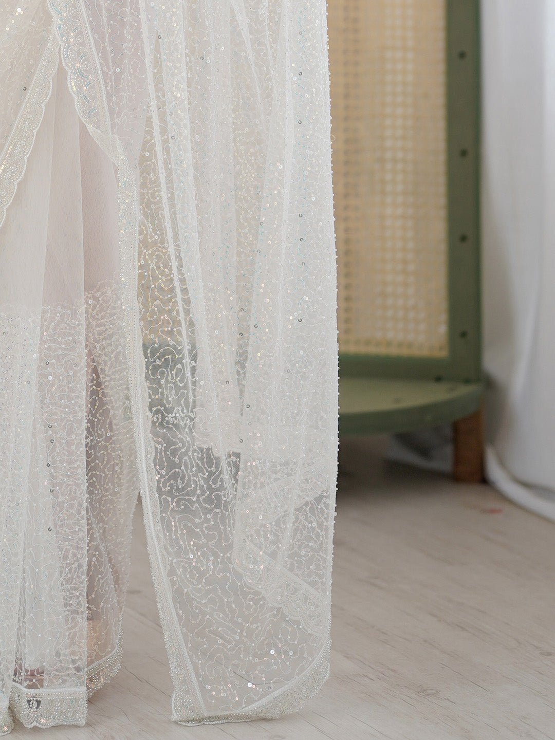White Silk Blend All-over Sequin Saree - Ressa