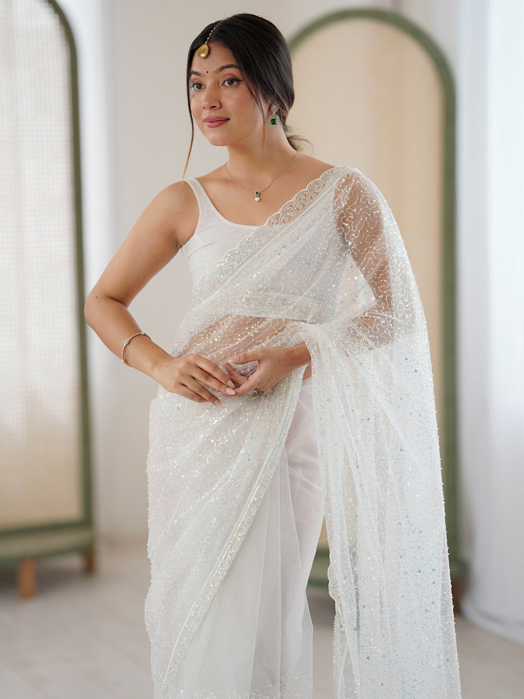 White Silk Blend All-over Sequin Saree - Ressa
