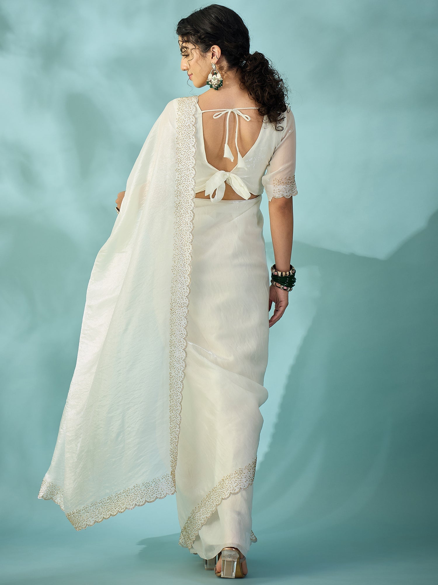 White Tissue Silk Saree with Zari Stripes - Ressa