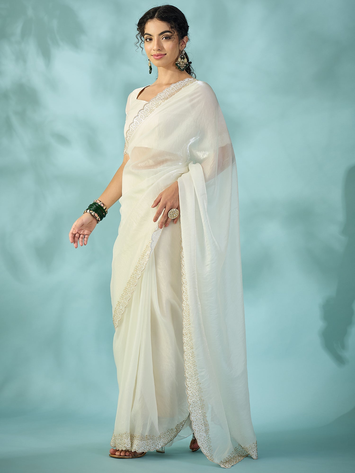 White Tissue Silk Saree with Zari Stripes - Ressa