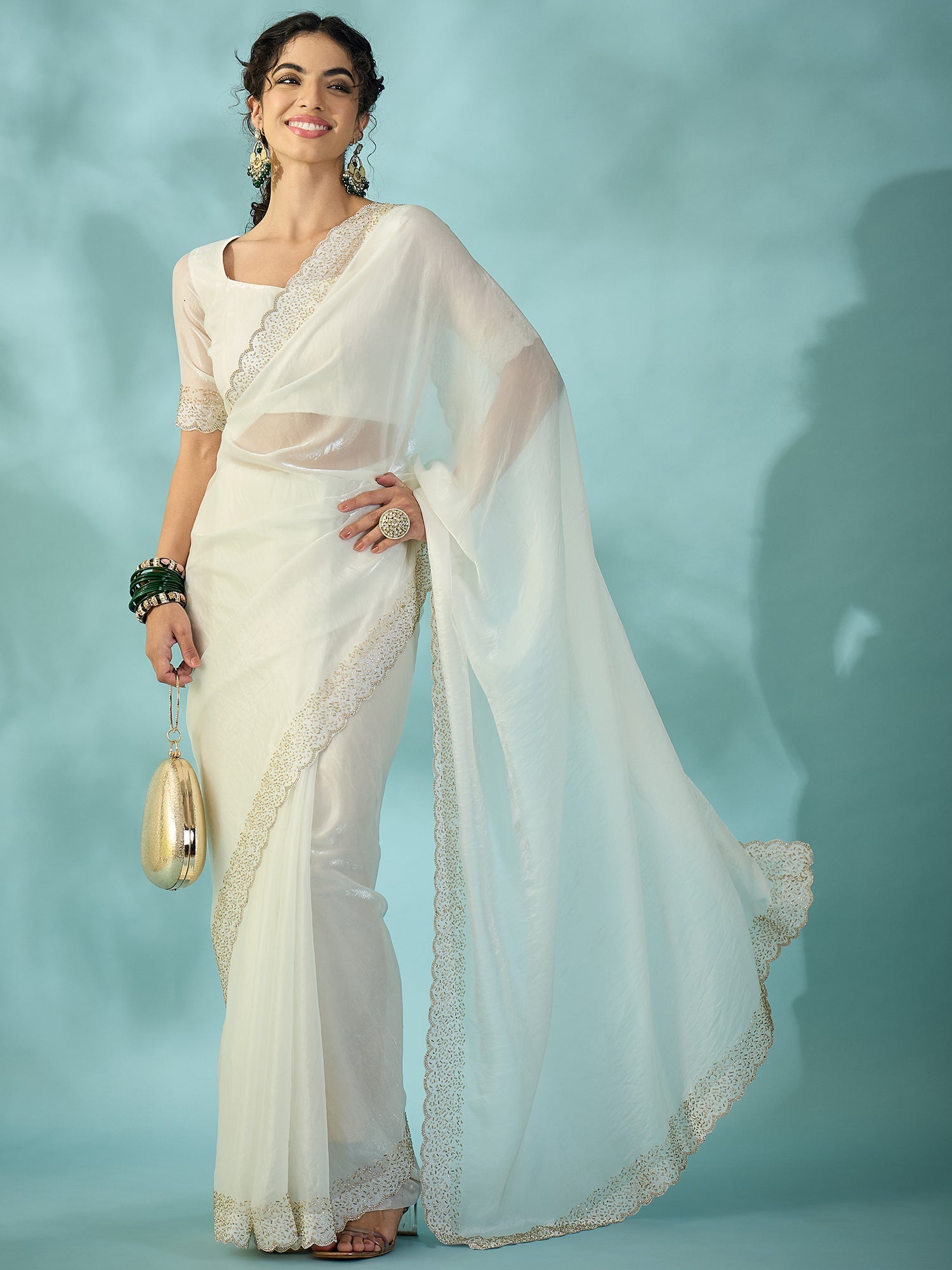 White Tissue Silk Saree with Zari Stripes - Ressa