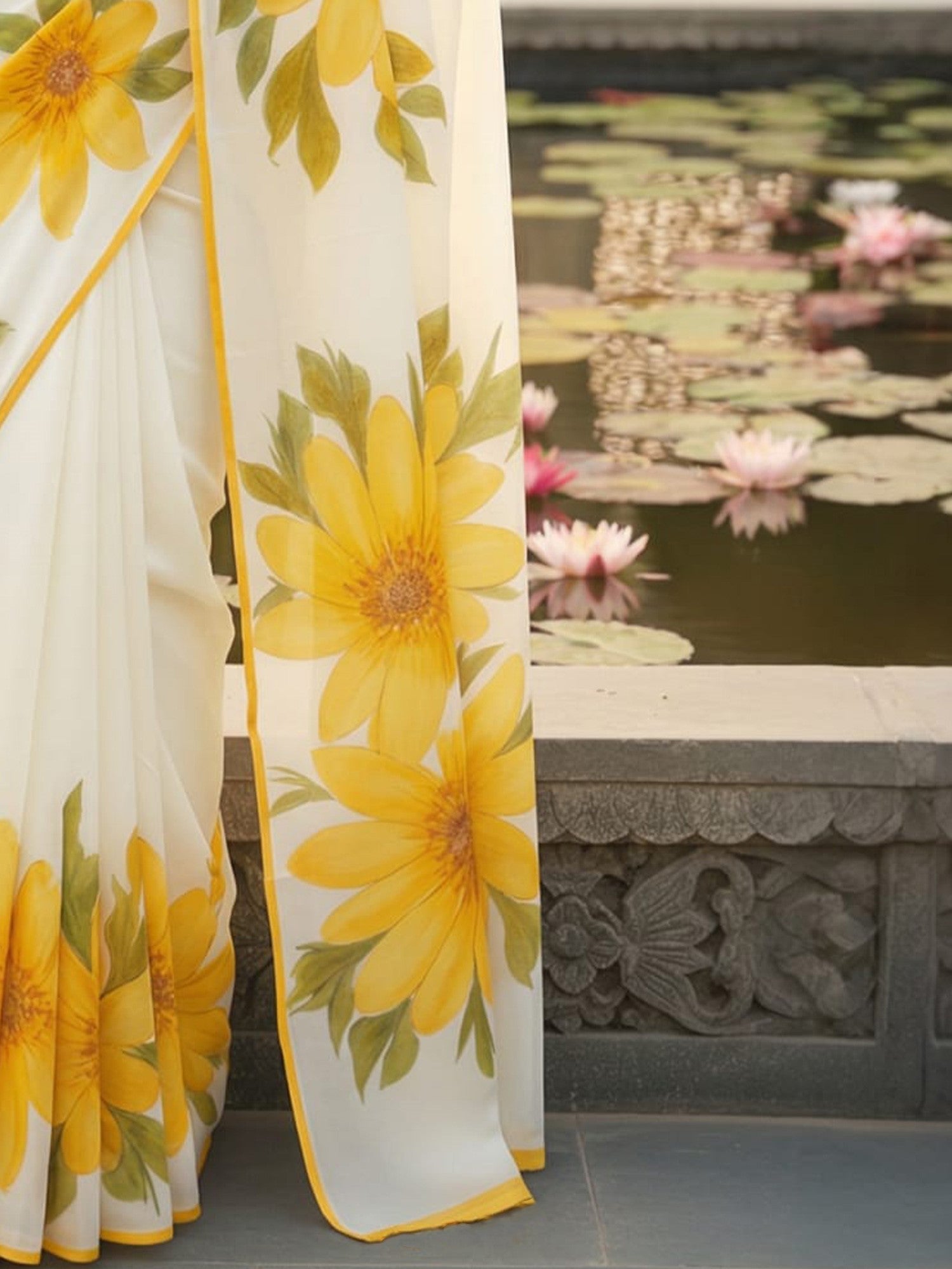 White & Yellow Floral Chiffon Saree - Ressa
