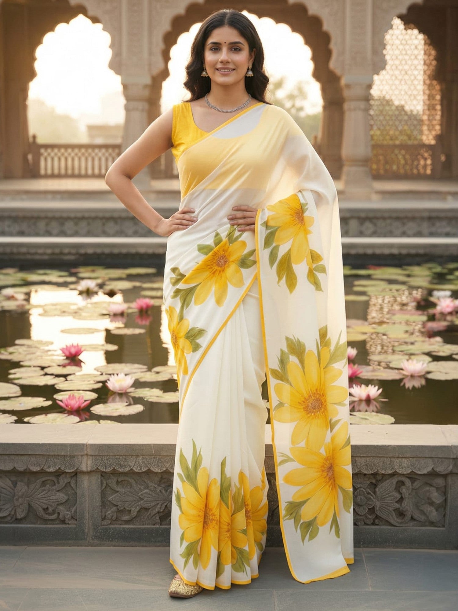 White & Yellow Floral Chiffon Saree - Ressa