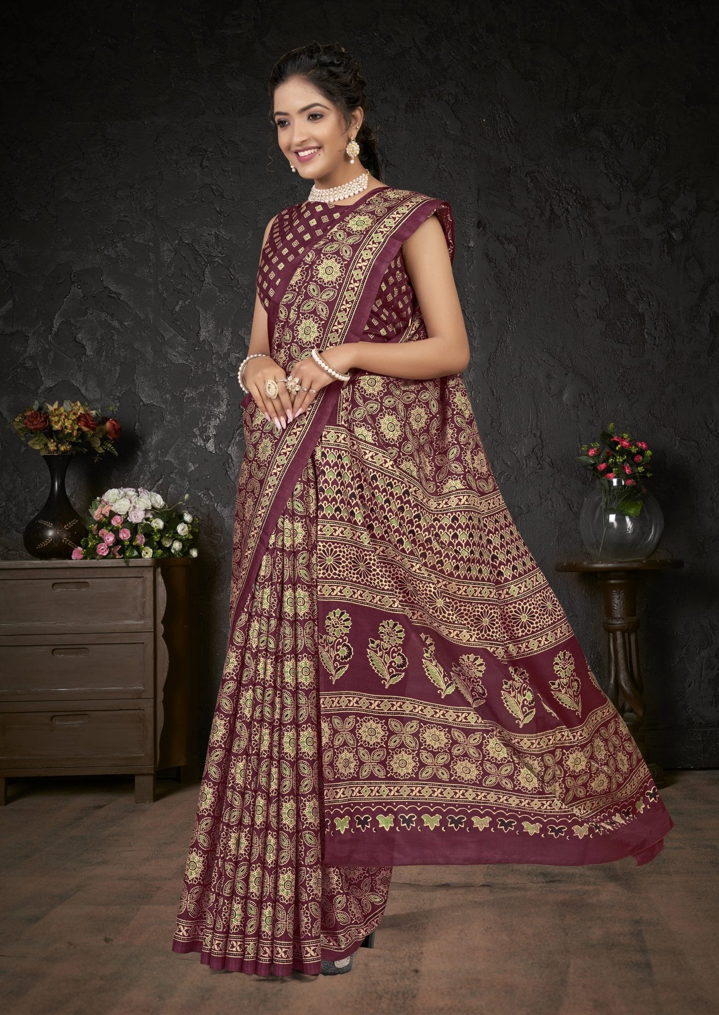 Wine Ajrakh Print Saree - Ressa