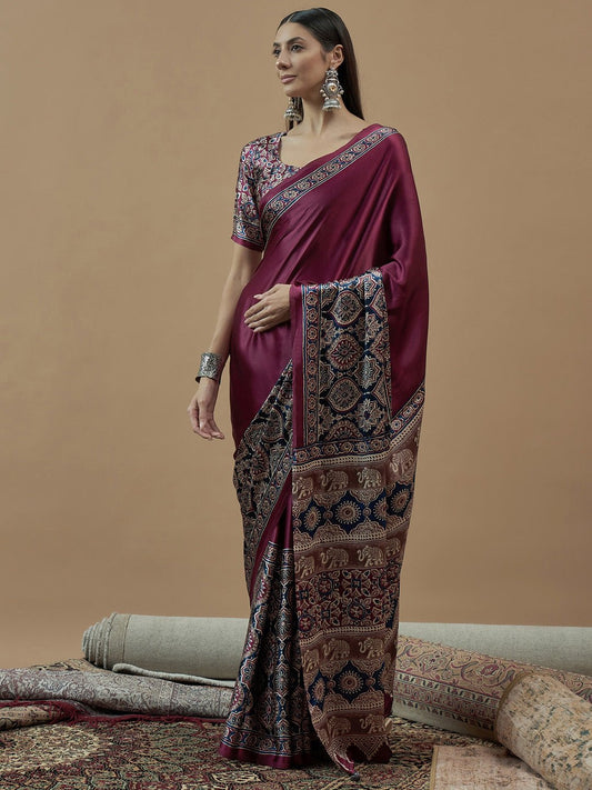Wine Ajrakh Print Saree - Ressa