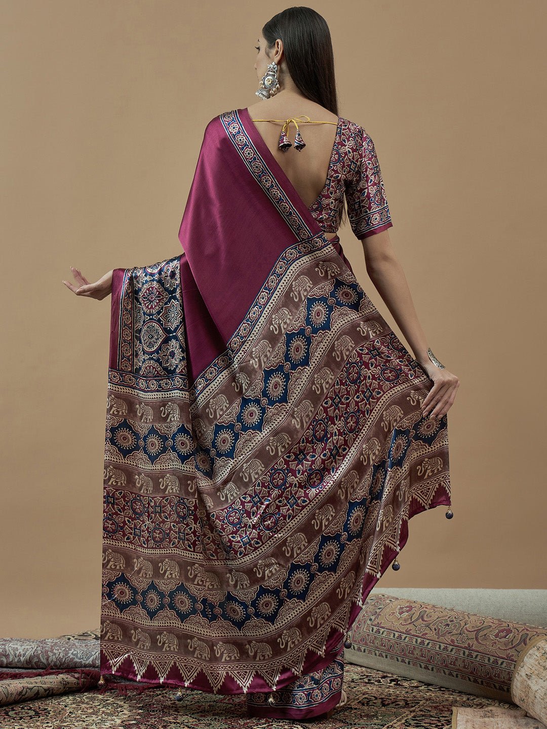 Wine Ajrakh Print Saree - Ressa