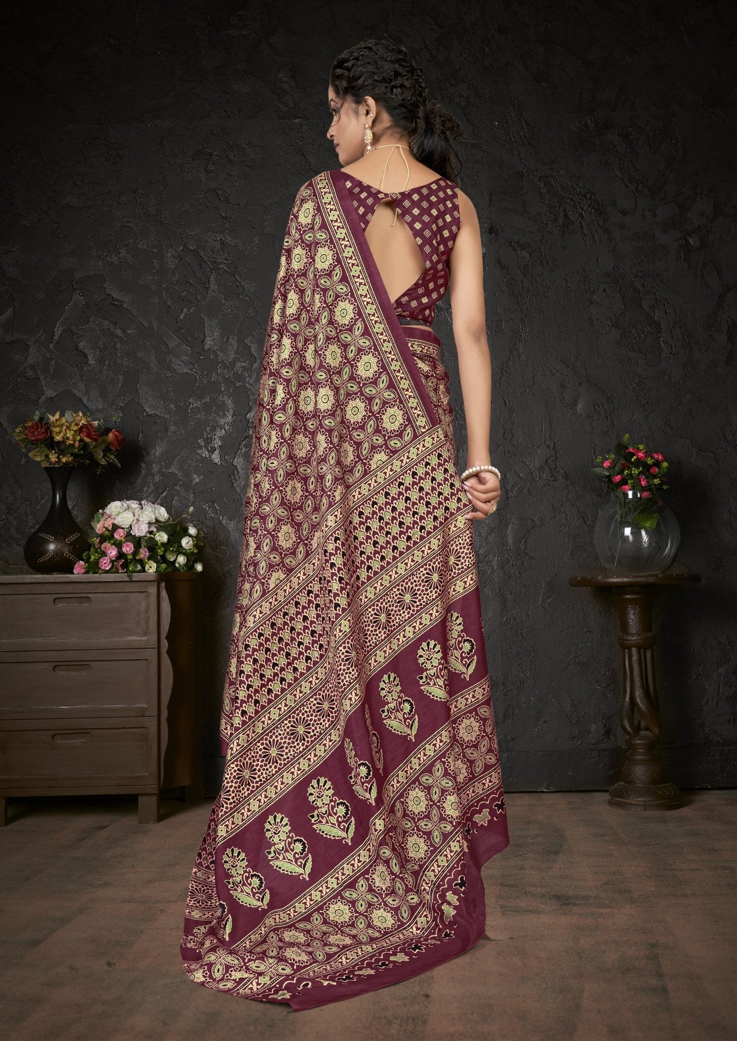Wine Ajrakh Print Saree - Ressa