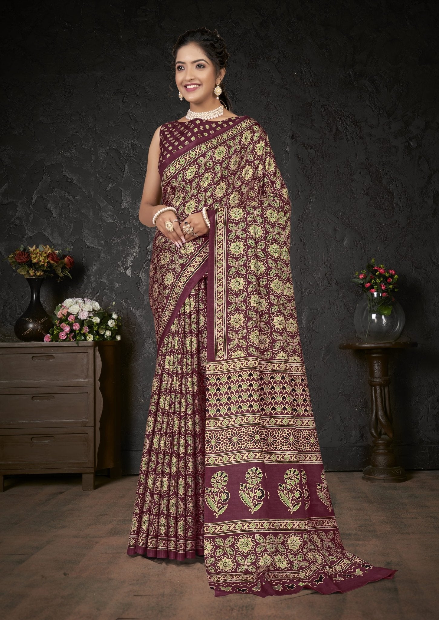 Wine Ajrakh Print Saree - Ressa