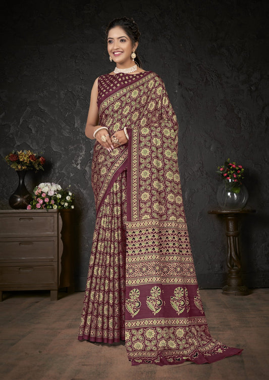 Wine Ajrakh Print Saree - Ressa