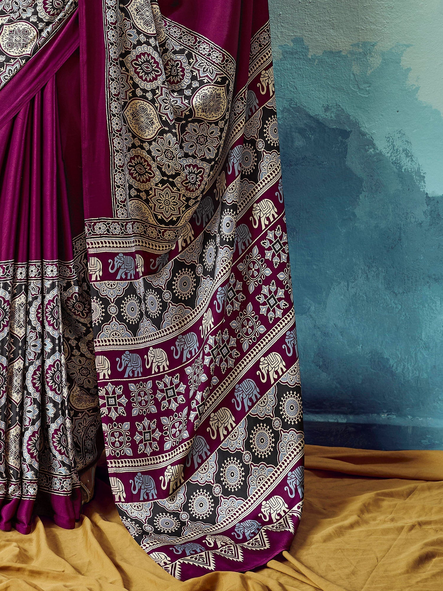 Wine Ajrakh Printed Satin Saree - Ressa