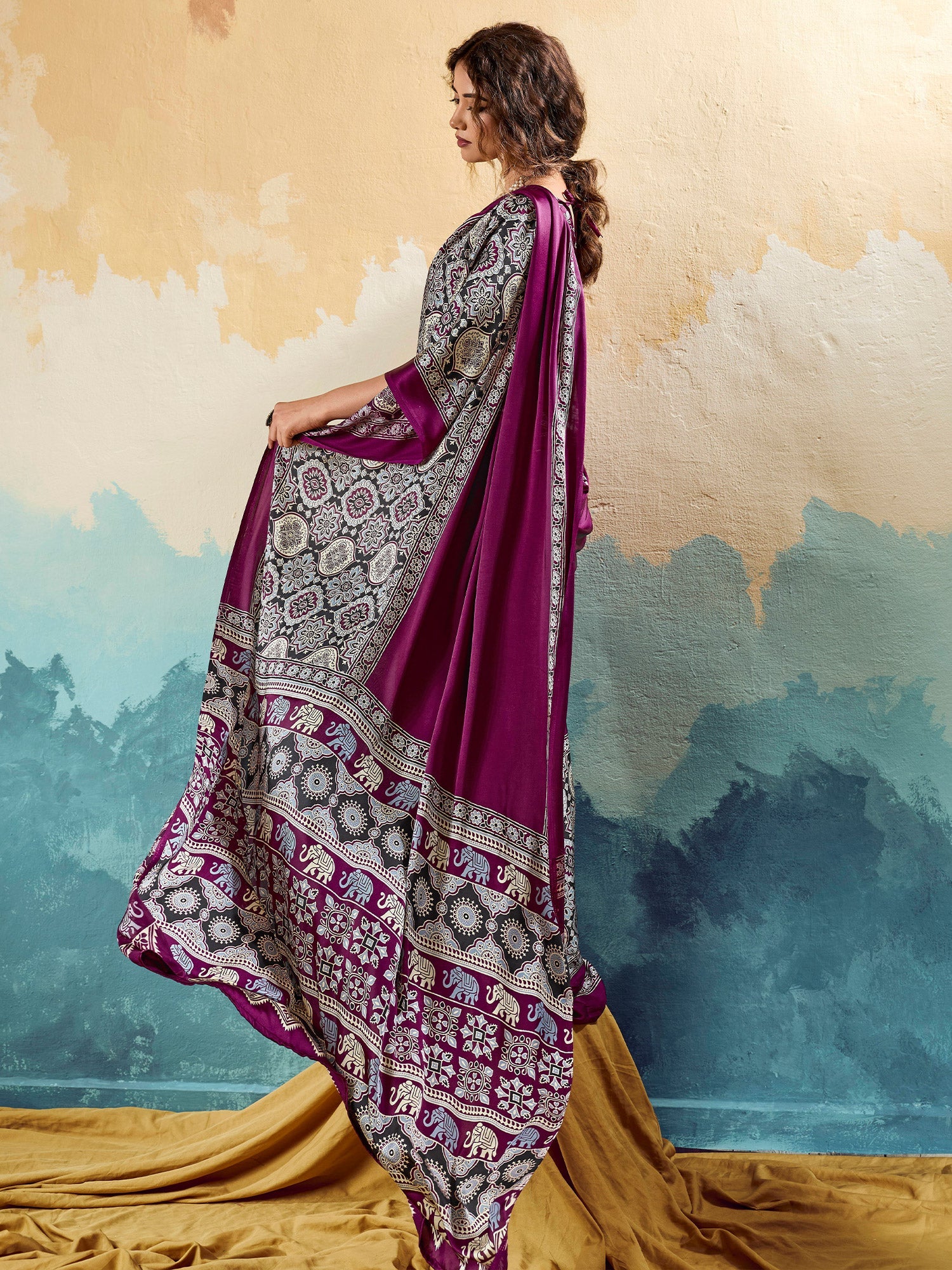 Wine Ajrakh Printed Satin Saree - Ressa
