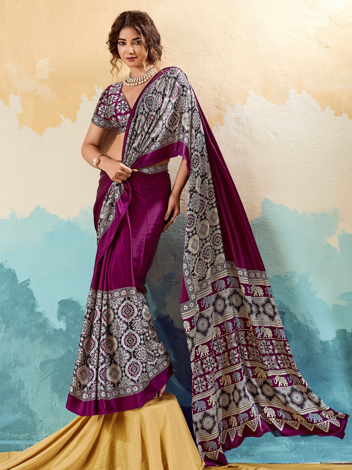 Wine Ajrakh Printed Satin Saree - Ressa