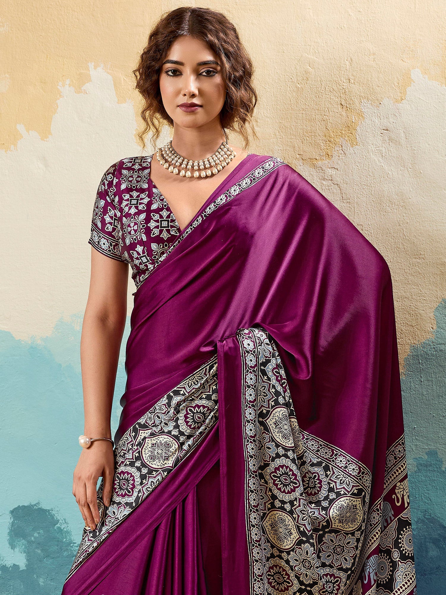 Wine Ajrakh Printed Satin Saree - Ressa