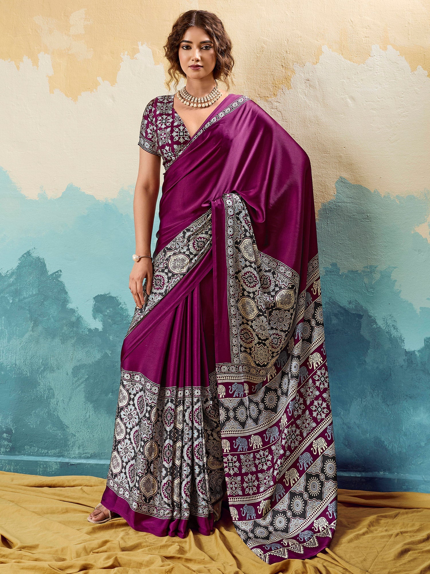 Wine Ajrakh Printed Satin Saree - Ressa