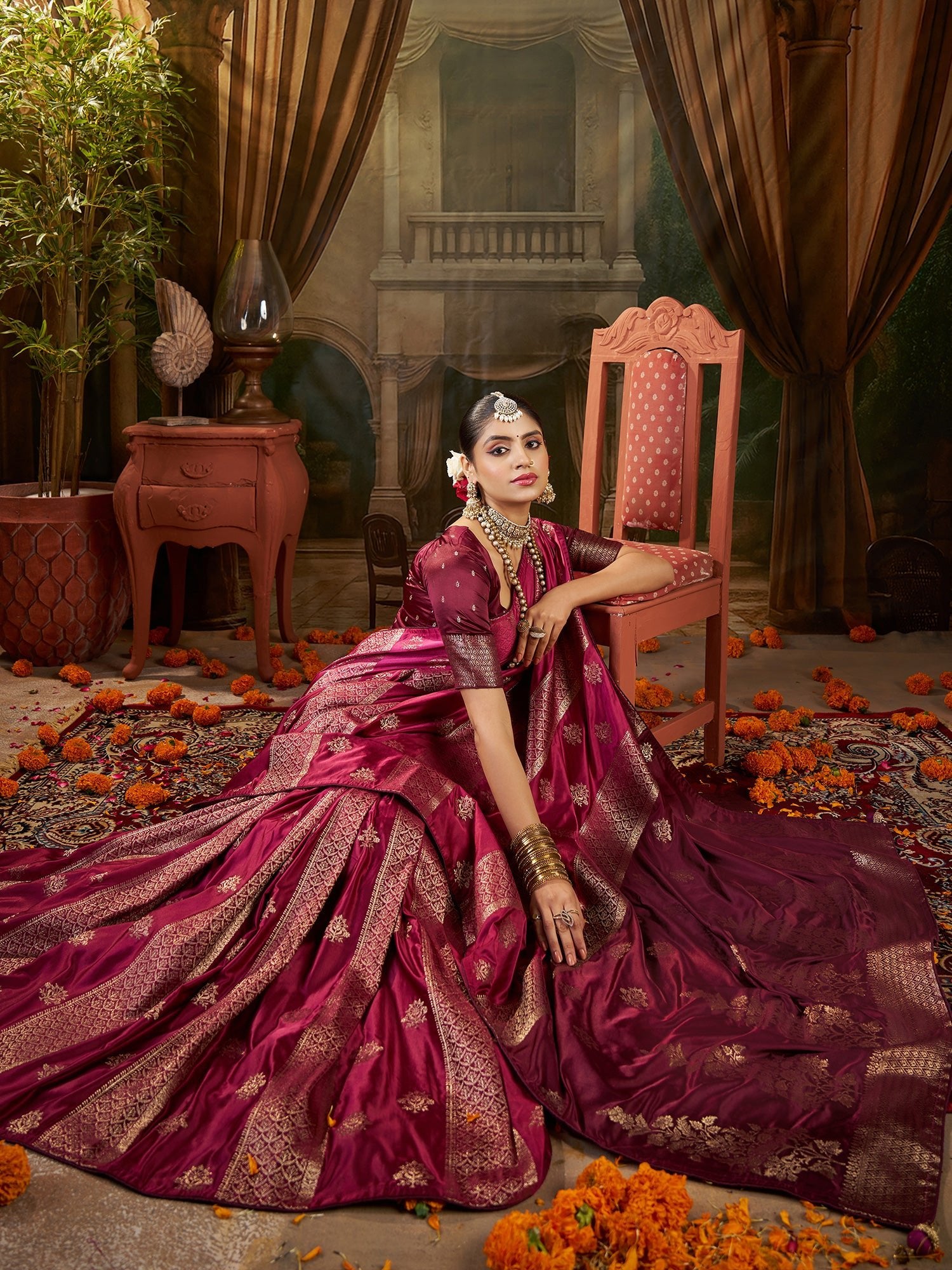 Wine Banarasi Silk Heritage Zari Weave Saree - Ressa