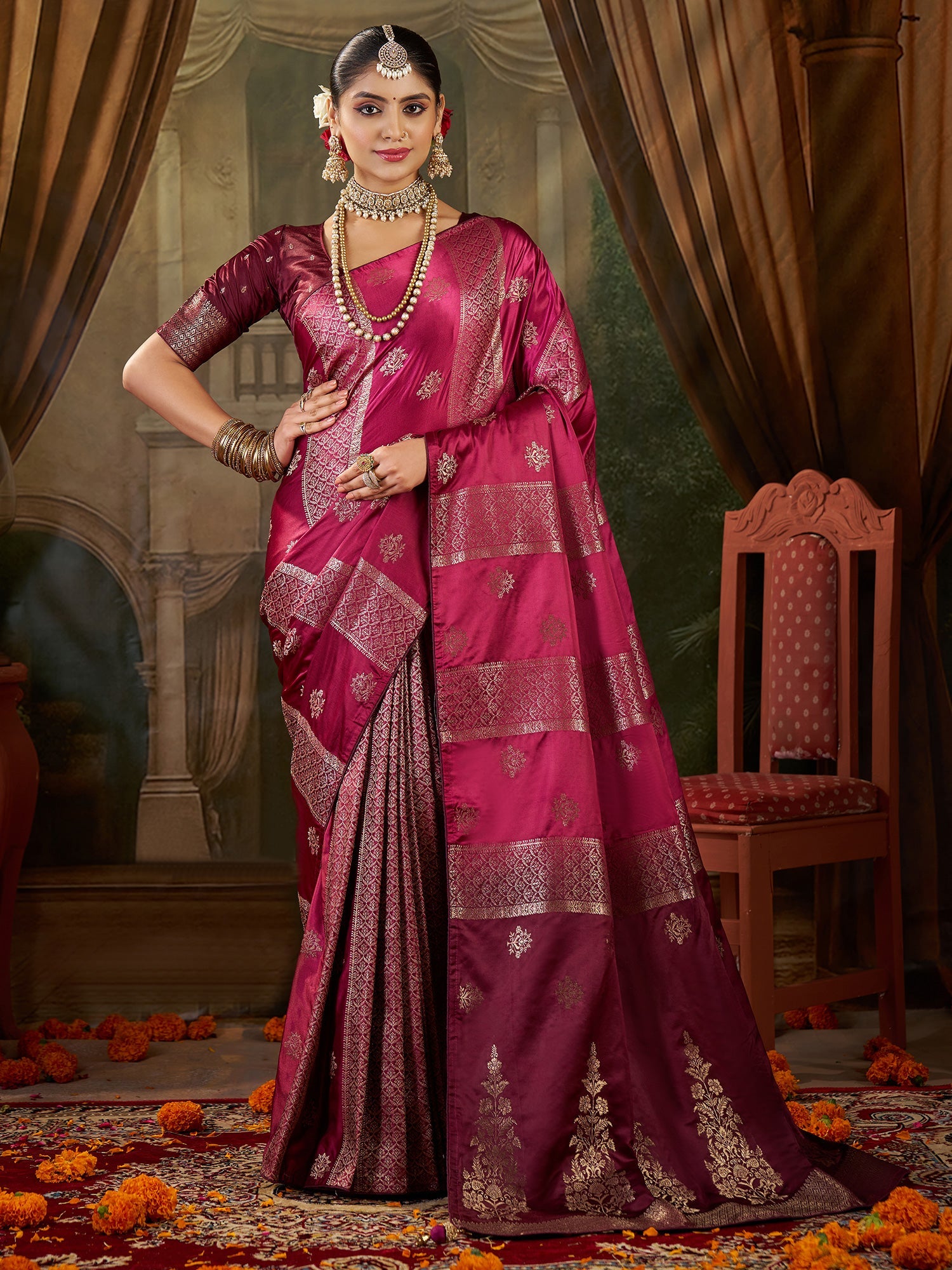 Wine Banarasi Silk Heritage Zari Weave Saree - Ressa