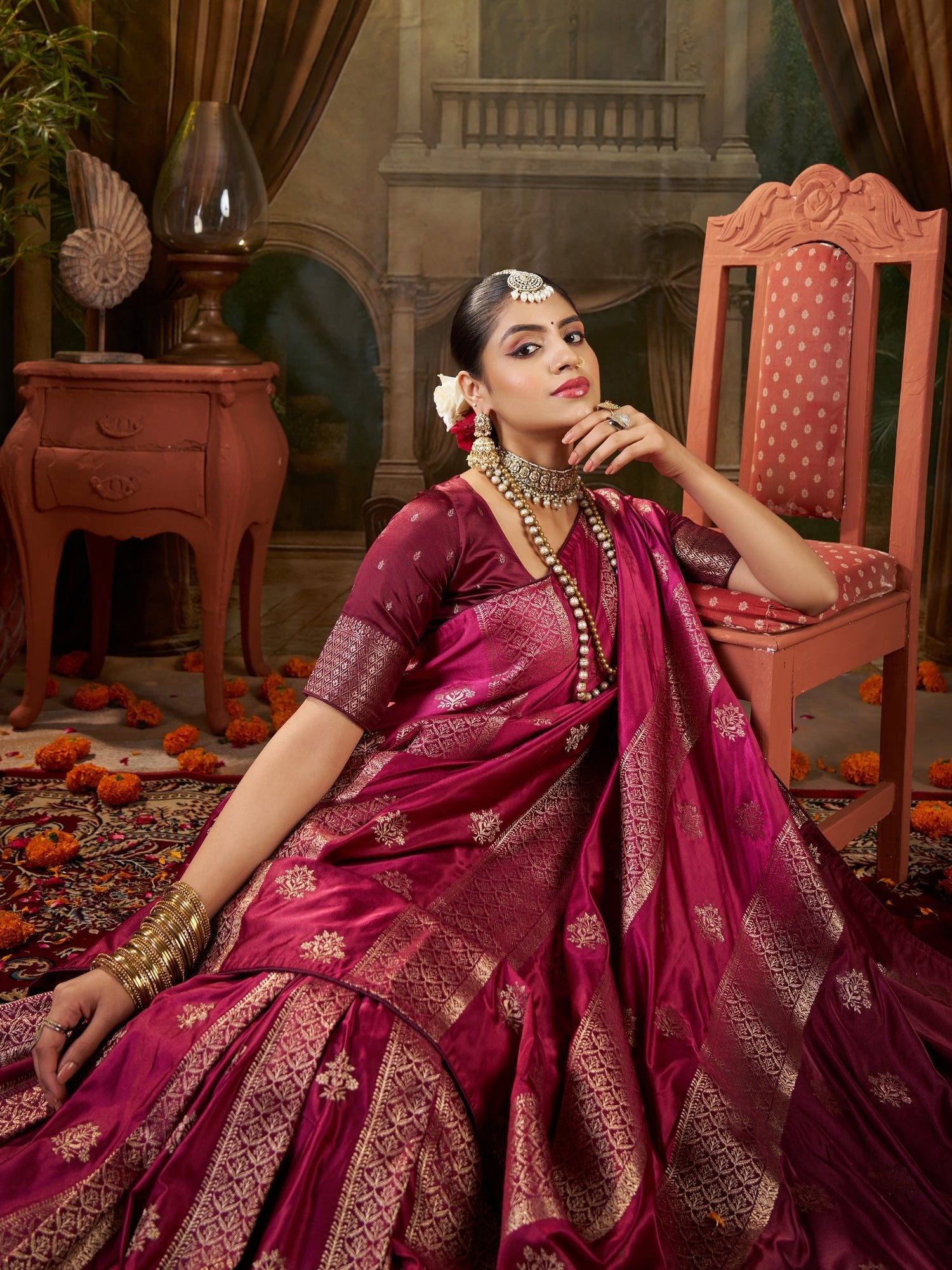 Wine Banarasi Silk Heritage Zari Weave Saree - Ressa