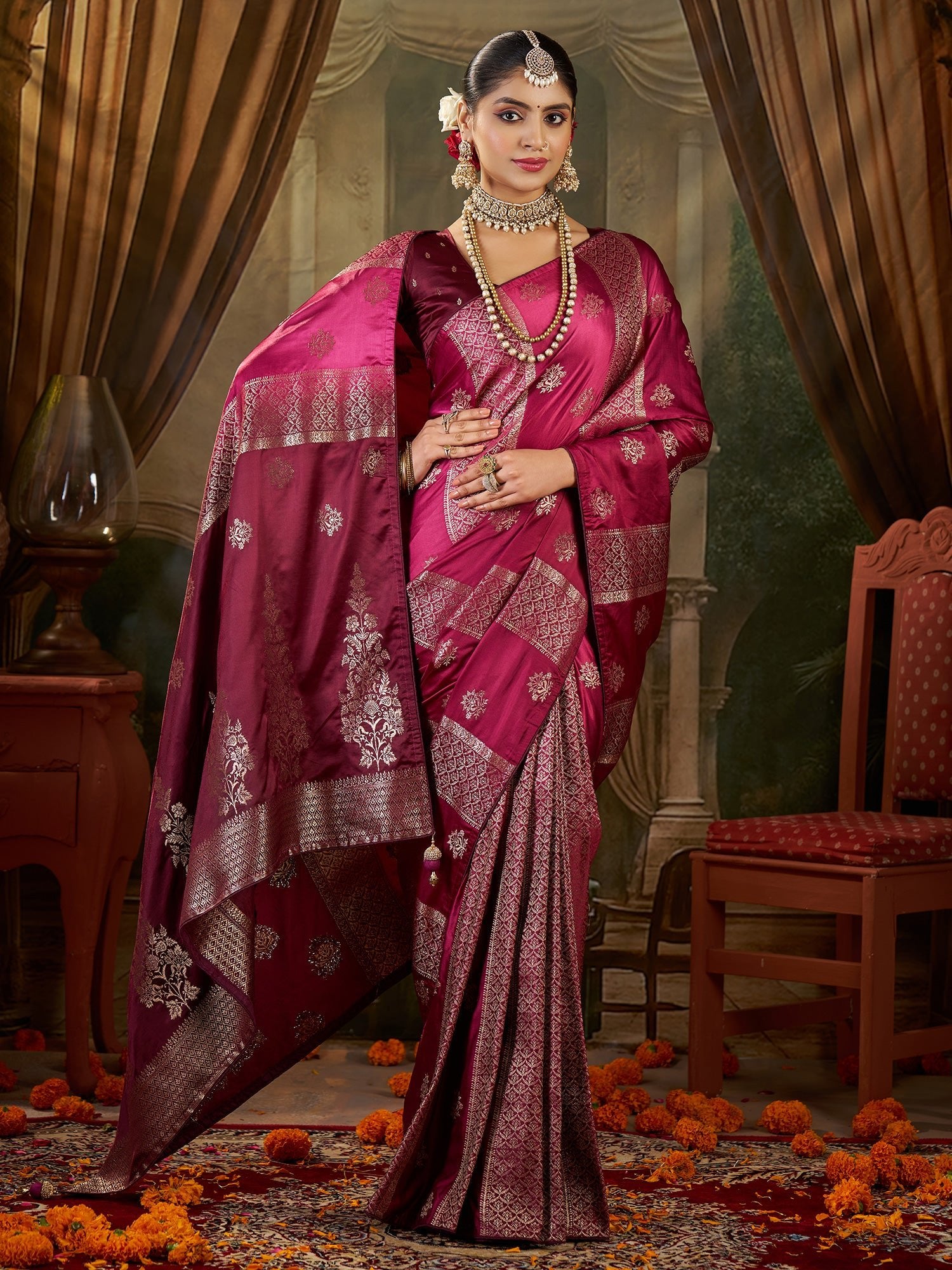 Wine Banarasi Silk Heritage Zari Weave Saree - Ressa
