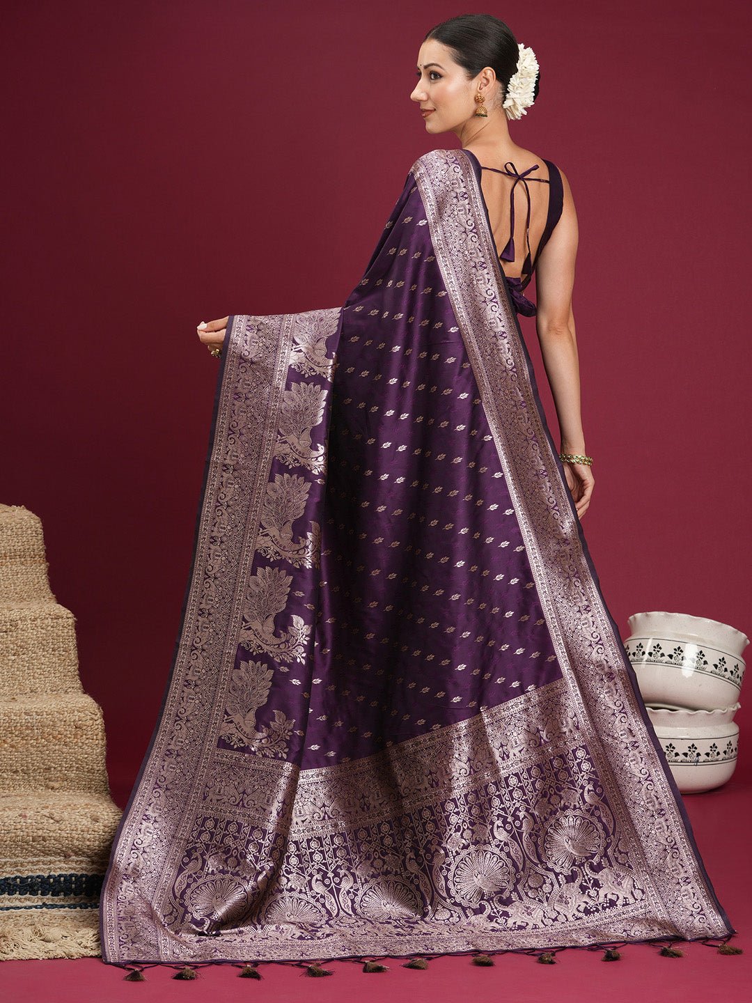 Wine Banarasi Silk Saree - Ressa