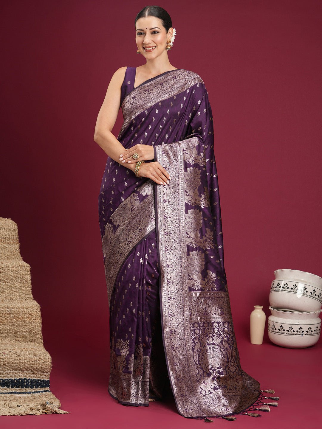 Wine Banarasi Silk Saree - Ressa