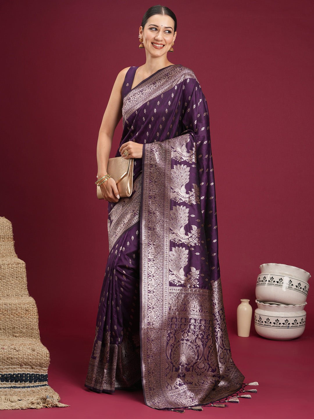 Wine Banarasi Silk Saree - Ressa