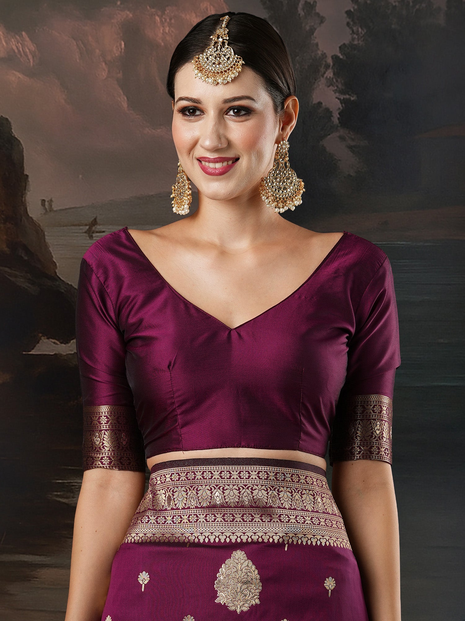 Wine Banarasi Silk with Gold Zari Weaving Saree - Ressa